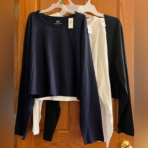 3 NWT GAP Long Sleeve Cropped Tops. Navy Blue, White, Black. XL tall. Cotton